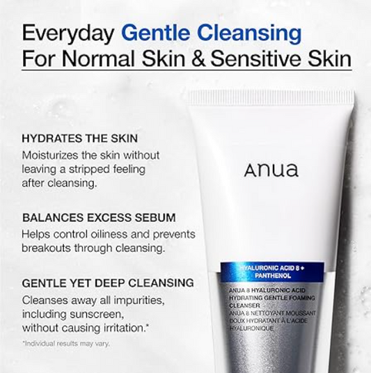 ANUA Hydrating Gentle Foaming Cleanser, Hyaluronic Acid, Glycerin, Zinc, Panthenol, Korean Face Wash for Dry Skin,