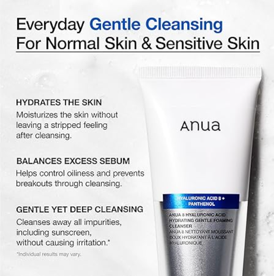 ANUA Hydrating Gentle Foaming Cleanser, Hyaluronic Acid, Glycerin, Zinc, Panthenol, Korean Face Wash for Dry Skin,